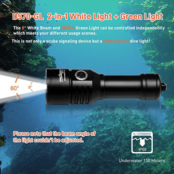 ORCATORCH D570-GL 2-in-1 Scuba Diving Light 1000-Lumen White Beam & Green Laser Light